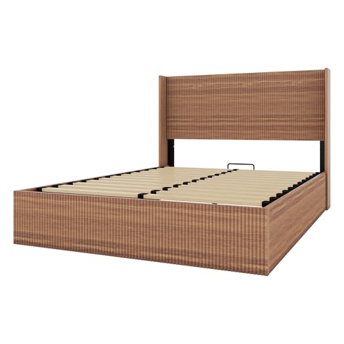Lift Up Storage Bed Queen Size, Queen Bed Frame with Headboard and Lift Storage System, Wood Headboard with Wing-Back and Convex Groove Board Design Bellemave