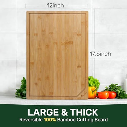 Bamboo Cutting Boards for Kitchen, Extra Large Wood Cutting Board with Deep Juice Groove and Handle Heavy Duty Chopping board, Kikcoin, 17.6" x 12" - WoodArtSupply