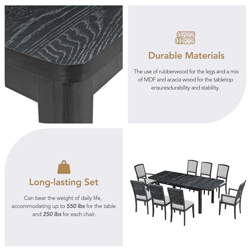 Merax 9 Pieces Dining Table Set, Rustic Extendable 84inch Dining Table Set with 24inch Removable Leaf, 6 Upholstered Armless Dining Chairs and 2 Padded Arm Chairs, Black+Gray Cushion Merax