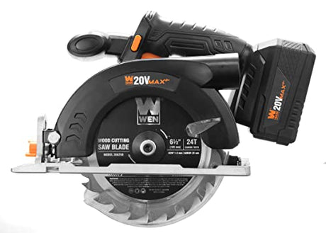 WEN Cordless Circular Saw, 6.5-Inch Blade with 20V Max 4.0 Ah Lithium-Ion Battery and Charger (20625) WEN
