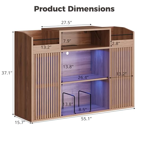 IRONCK Luxury Record Player Stand with Storage, Holds 1500+ Vinyl Records, Large Record Storage Cabinet with Sliding Doors & Charging Station & LED Light, Brown IRONCK