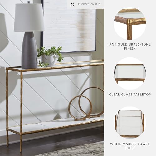 Signature Design by Ashley Ryandale Console Sofa Table, Glass Tabletop, White Marble Lower Shelf, Sand Casted Aluminum, 52" W x 12.5" D x 32.75" H, Antique Brass Finish Signature Design by Ashley