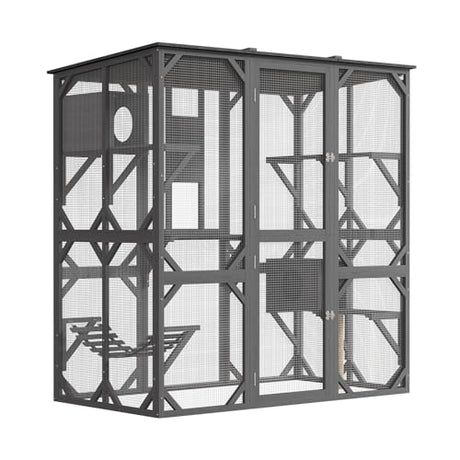 GAOMON Large Catio with Window Access, 70 Inch Outdoor Walk-in Cat Enclosure with Asphalt Roof, Scratch Post and Bridge, Catios for Cats Outdoor Patio Dark Grey GAOMON
