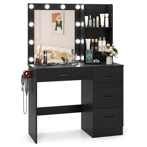GOFLAME Makeup Vanity Desk with Lights, Modern Dressing Table with Charging Station, Hair Dryer Holder, 4 Large Drawers & 3-Tier Hutch, 3-Color Lights Adjustable, Black Vanity Table for Bedroom GOFLAME