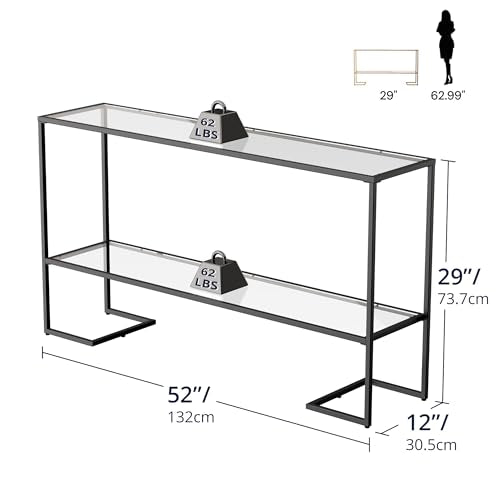 Cozy Castle 52" Entryway Table, 2-Tier Narrow Console Table, Tempered Glass Sofa Table with Metal Frame, Entry Table with Shelves, Console Tables for Entryway, Hallway, Foyer, Living Room, Black Cozy Castle