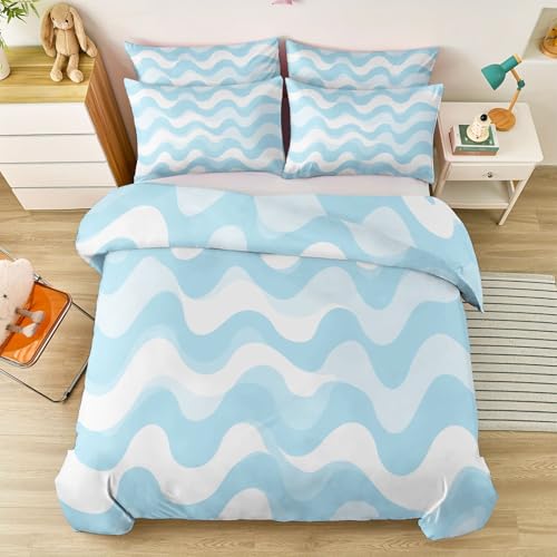Single 61" x 79" Bedding Duvet Cover Set - Blue Minimalist Modern Wavy Printed 3 Piece Brushed Microfiber Comforter Quilt Cover with Zipper Closure for Men and Women Generic