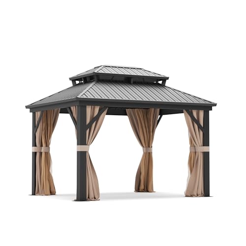 Prime Garden 10'x12' Hardtop Gazebo, Galvanized Steel Double Roof Gazebo with Aluminum Frame, Metal Gazebo w/Privacy Curtains and Nets, Outdoor Gazebo for Patio, Lawn, Backyard Prime Garden