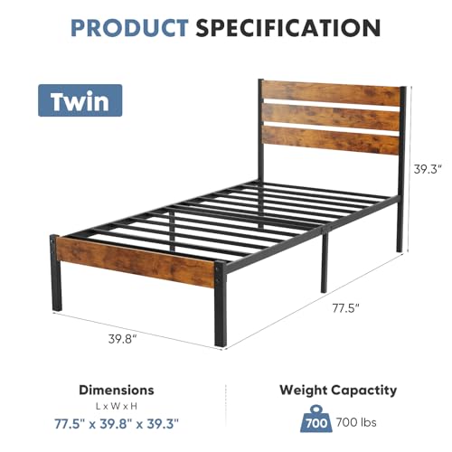 OLIXIS Twin Size Metal Platform Bed Frame - Mattress Foundation with Headboard and and Footboard, No Box Spring Needed with 700LBS Sturdy Wooden Slats Support, Noise Free, Easy Assembly OLIXIS
