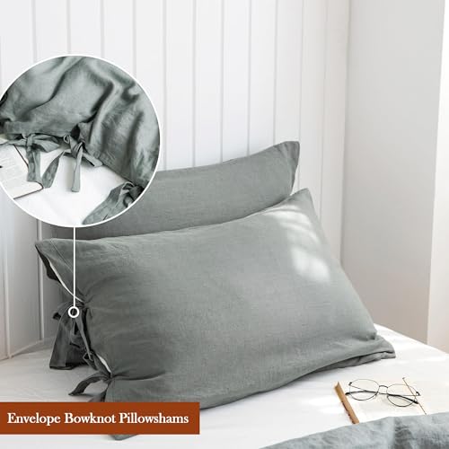 Simple&Opulence 100% Linen Duvet Cover Set, 3 Pieces Belgian Flax Breathable Bedding, King Size 104''x92'' (1 Comforter Cover+2 Pillowshams) with Tie Closure Style,Greyish-Green Simple&Opulence