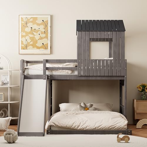 Harper & Bright Designs House Bunk Bed with Slide,Wood Twin Over Full Bunk Bed with Roof,Ladder & Safety Guardrail,Floor Bunk Loft Bed for Kids,Teens,No Box Spring Needed, Antique Grey Harper & Bright Designs