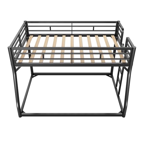 PVWIIK Metal Full XL Over Queen Bunk Bed w/Ladder and Safety Guardrail for Kids Teens Adults,Heavy-Duty Sturdy Bunk Bed,No Box Spring Needed,Black PVWIIK