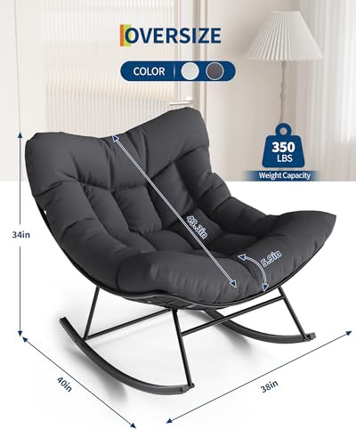 GarveeLife Outdoor Papasan Rocking Chair, Oversized Rocking Chair with Sturdy Metal Frame, Patio Egg Rocker for Balcony Backyard Porch Bedroom, Grey