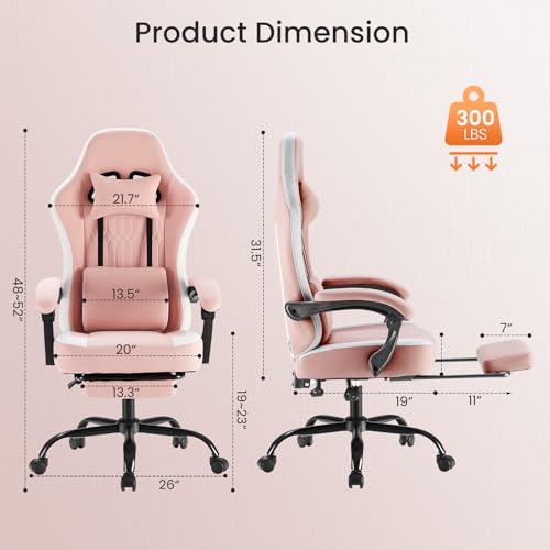 Sweetcrispy Computer Gaming Chair - High Back Ergonomic Desk Chair with Footrest and Lumbar Support, Height Adjustable Task Chair with Linkage Armrests and Headrest, 360° Swivel Wheels, Pink Sweetcrispy
