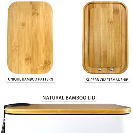 SIDIANBAN Bathroom Trash Can with Bamboo Lid Soft Close and Foot Pedal, Small Rectangular Slim Garbage Can with Inner Wastebasket for Bedroom, Office, Kitchen, 1.3Gal/5L, White SIDIANBAN
