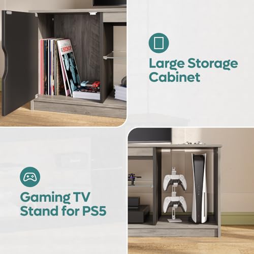 Bestier LED TV Stand for 55/60/65 Inch TV, Gaming Entertainment Center with Cabinet for PS5, Modern TV Cabinet with Adjustable Glass Shelves for Living Room, Bedroom 58 Inch, Grey Wash Bestier