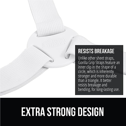 GORILLA GRIP Patent Pending Bed Sheet Holders, Adjustable Elastic Fasteners with Metal Clips, Keep in Place Fitted Bedding Straps, Firm Tight Suspenders for Mattress, US Designed, 4 Pack White GORILLA GRIP