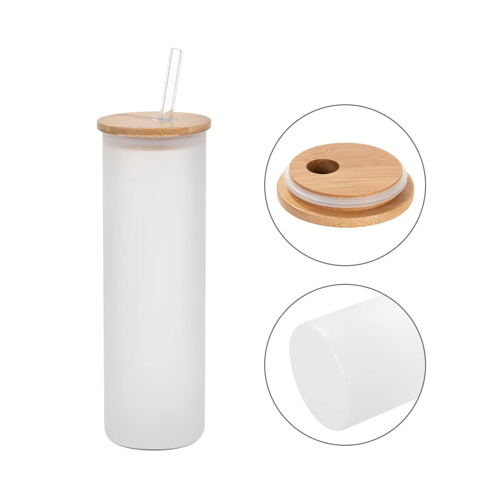 PYD Life Sublimation Glass Blanks Tumbler Skinny Straight Frosted 20 OZ with Bamboo Lid and Glass Straw Jar Tumbler Cups Mugs for Tumbler Heat Press 6 Pack - WoodArtSupply