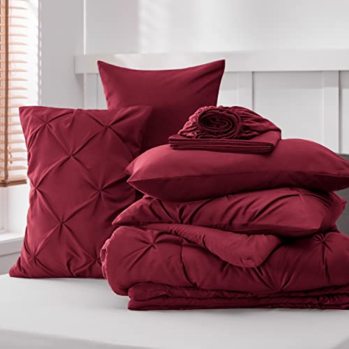 Bedsure Twin Comforter Set Dark Red - Bed in a Bag Twin Size Bedding 5 Pieces, GentleSoft™ Pintuck Bed Set Gift for Family, Pinch Pleat Dark Red Comforter with Sheets, Pillowcase & Sham Bedsure