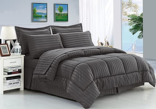 Elegance Linen Wrinkle Resistant - Luxury Silky Soft Dobby Stripe Bed-in-a-Bag 8-Piece Comforter Set, Full/Queen, Gray Elegance Linen