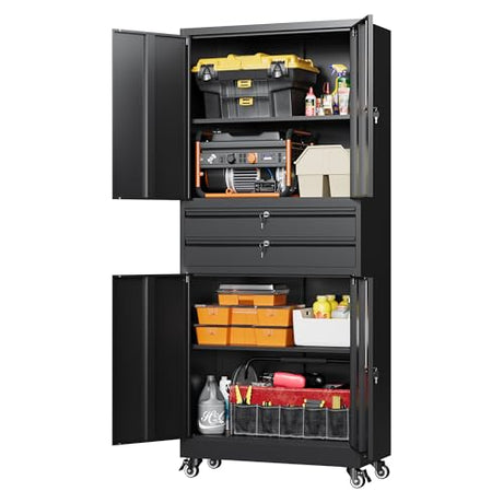 Letaya Metal Garage Storage Cabinet with Wheels,Rolling Tool Cabinet with 4 Door Lock-Adjustable Shelves and 2 Drawer for Garage Home Office Utility Room (Black with Wheels) Letaya