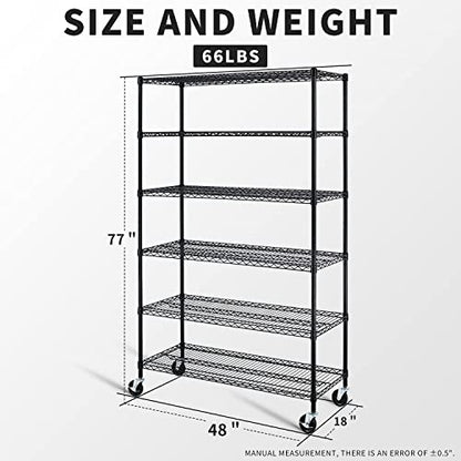 Garage Shelving, 78"x48"x18" Metal Shelves 6 Tier Wire Shelving Unit Adjustable Heavy Duty Sturdy Steel Shelving Rolling Cart with Casters for Pantry - WoodArtSupply