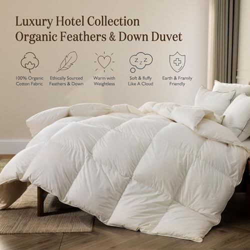 BPC Organic Feather Down Comforter Oversized King, Hotel-Luxury Fluffy Duvet Insert with Cotton Cover and Puffy Feather Down Filling for All-Season, Ivory White, 120x98 Inches BPC
