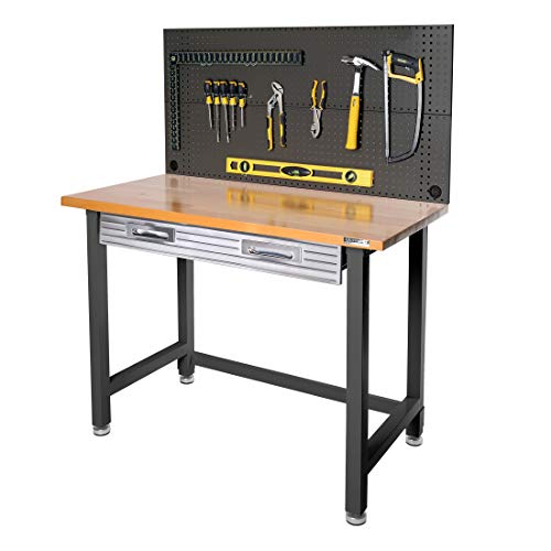 Seville Classics Pegboard Workcenter with 23 Peg Hook Assortment and Drawer Table, 48", Satin Graphite Seville Classics
