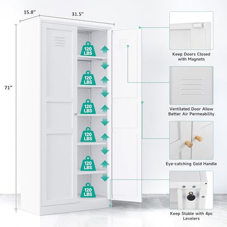 Pantry Cabinet,White Pantry Storage Cabinet,Metal Storage Cabinet with Doors and Shelves,Ventilated Tall Cupboard,Pantries,71"H Food Pantry Cabinet for Kitchen,Home,Office,Dining Room,Living Room SISESOL
