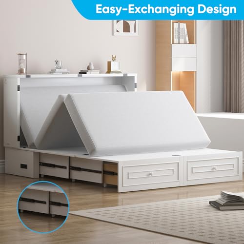 Mjkone Murphy Bed Cabinet, Queen Size Cabinets Bed Chest with USB Charging Station & Tri-Folding Mattress, Wall Beds with Storage Drawers for Guest Bedroom Apartment Office, Easily Convertible, White Mjkone