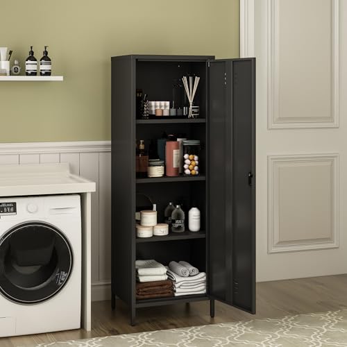 MIOCASA Metal Storage Locker with Digital Lock Steel File Cabinet with 3 Shelves 59.06-inch high for School, Bedroom, Home Office, Gym and Changing Room (Black) MIOCASA