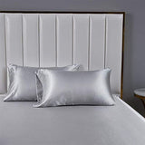 AiMay 4 Piece Twin Size Satin Bedding Sheet Pillowcase Sets Deep Pocket Silky Super Soft Solid Color 1 Flat Sheet 1 Fitted Sheet 2 Envelope Style Pillowcases Sexy Honeymoon (Twin, Silver/Light Grey) AiMay