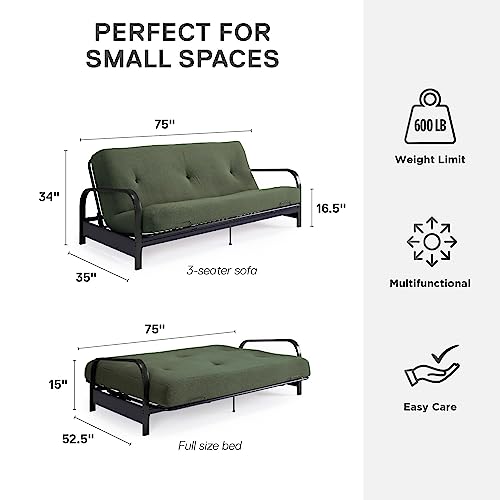 DHP Brax Black Metal Arm Full Size Futon Frame with 6" Thermobonded High Density Polyester Fill Army Green Futon Mattress