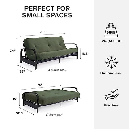 DHP Brax Black Metal Arm Full Size Futon Frame with 6" Thermobonded High Density Polyester Fill Army Green Futon Mattress