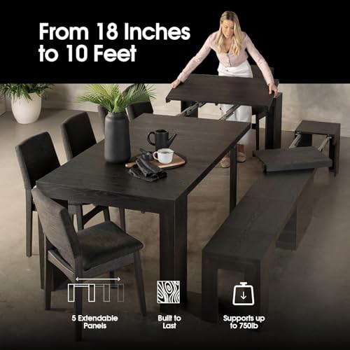 Transformer Table - Solid Wood Extendable Dining Table, Seats 2-12, Extendable Dining Room Table, Space-Saving Furniture (Black, Table + Bench) Transformer Table