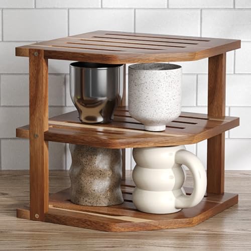 VERTORGAN 3 Tier Acacia Wood Corner Shelf,Dish Drying Rack,Plate Organizer,Kitchen Spice Rack for Countertop and Cabinet,Pantry Organization and Storage VERTORGAN