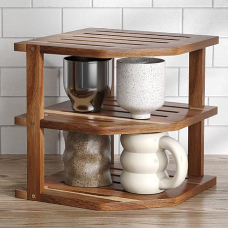 VERTORGAN 3 Tier Acacia Wood Corner Shelf,Dish Drying Rack,Plate Organizer,Kitchen Spice Rack for Countertop and Cabinet,Pantry Organization and Storage VERTORGAN