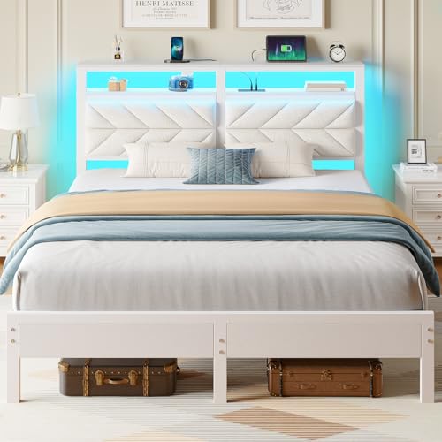 Seventable Bed Frame Full Size with Charging Station, LED Bed with Upholstered Storage Headboard, Metal Platform Bed with Under Bed Storage, No Box Spring Needed, Noise Free, Easy Assembly, White Seventable
