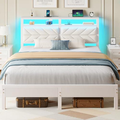 Seventable Bed Frame Full Size with Charging Station, LED Bed with Upholstered Storage Headboard, Metal Platform Bed with Under Bed Storage, No Box Spring Needed, Noise Free, Easy Assembly, White