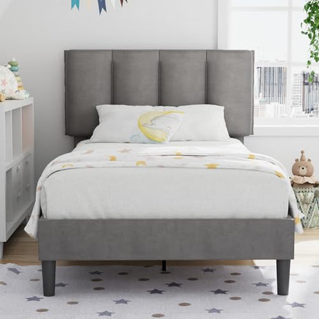 VECELO Twin Size Bed Frame with Upholstered Headboard, Heavy-Duty Bedframe with Wooden Slats & Steel Framework, Easy Assembly, Dark Grey VECELO