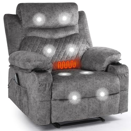linting Overstuffed Massage Recliner Chair with Heat, Wide Seat Reclining Chair for Home Theater, Heated Massaging Manual Recliner Chairs with Cup Holders, Grey