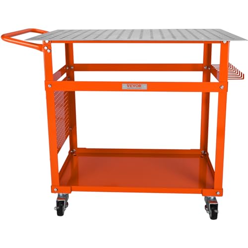 VEVOR Welding Table Moveable 36"x24", Welding Workbench Table 600lbs on Wheels, Portable Work Bench with Double-Layer Storage Board and 11 Hooks - WoodArtSupply