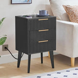 MAHANCRIS End Table, Fluted Night Stand, Modern Side Table with Charging Station, Bedside Table with 3 Drawers, Mid Century Nightstand, for Living Room, Bedroom, Study, Office, Black ETBK64E01 MAHANCRIS