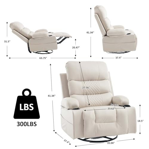 KCQ Rocker Recliner Chair with Heat and Massage, Oversized Manual Recliner Chair with Cup Holder, Faux Leather Swivel Rocking Recliner Glider Chair for Nursery, Beige KCQ