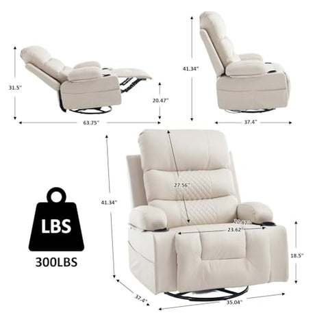 KCQ Rocker Recliner Chair with Heat and Massage, Oversized Manual Recliner Chair with Cup Holder, Faux Leather Swivel Rocking Recliner Glider Chair for Nursery, Beige KCQ