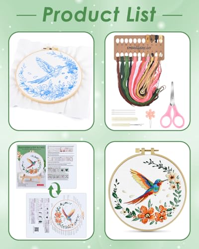 ERKOON Embroidery Kit for Beginners, Hummingbird and Flower Cross Stitch Set for Include Embroidery Cloth Hoops Threads for Craft Lover Hand Stitch (Colorful Hummingbird) ERKOON