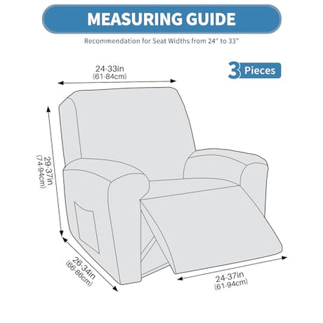 JIVINER 3 Piece Recliner Chair Cover Stretch Lazy Boy Non Slip Covers for Recliner with Pockets Soft Jacquard Reclining Sofa Slipcovers Furniture Protector with Elastic Bottom (1 Seater, Black) JIVINER