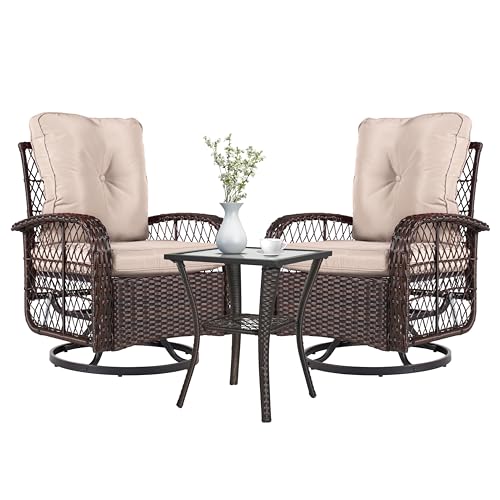 Aoxun 3 Pieces Outdoor Swivel Rocker Chair Set of 2 with Small Side Table Wicker Rattan Patio Furniture Set Outdoor Rocking Chair Set for Backyard, Balcony, Deck (Beige)