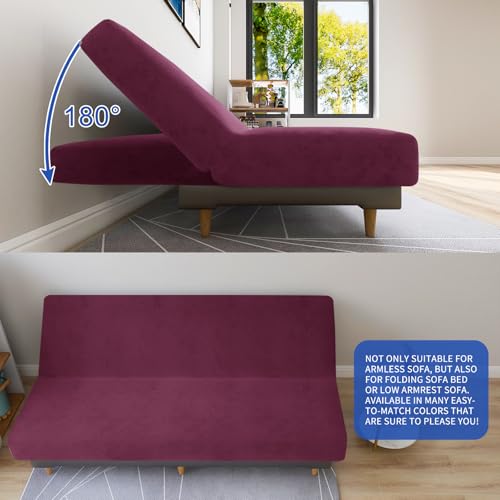 MAXIJIN Velvet Futon Cover Full Size Stretch Futon Mattress Cover Thick Soft Armless Sofa Bed Slipcover Plush Couch Furniture Protector with Elastic Bottom, Machine Washable (Wine Red) MAXIJIN