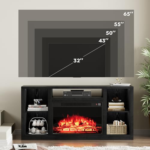 YESHOMY Electric Fireplace TV Stand for Televisions up to 65+ Inch, Media Entertainment Center Console Table with Four Open Storage Shelves & Cabinets, 58 Inch, Dark Black YESHOMY