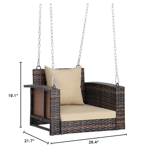VINGLI 2.2 FT 1-Person Use Rattan Porch Swing Outdoor Support 440 LBS with Cushions & Adjustable Chains, Patio Wicker Swing Bench Chair for Garden, Yard, Lawn, Tree, Brown VINGLI